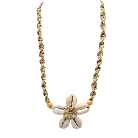 Bohemian Cowrie Shell Necklace With Braided Cord Wood Beads Vintage - Picture 1 of 6